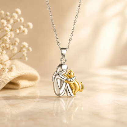 Cat Hug Necklace | White Gold