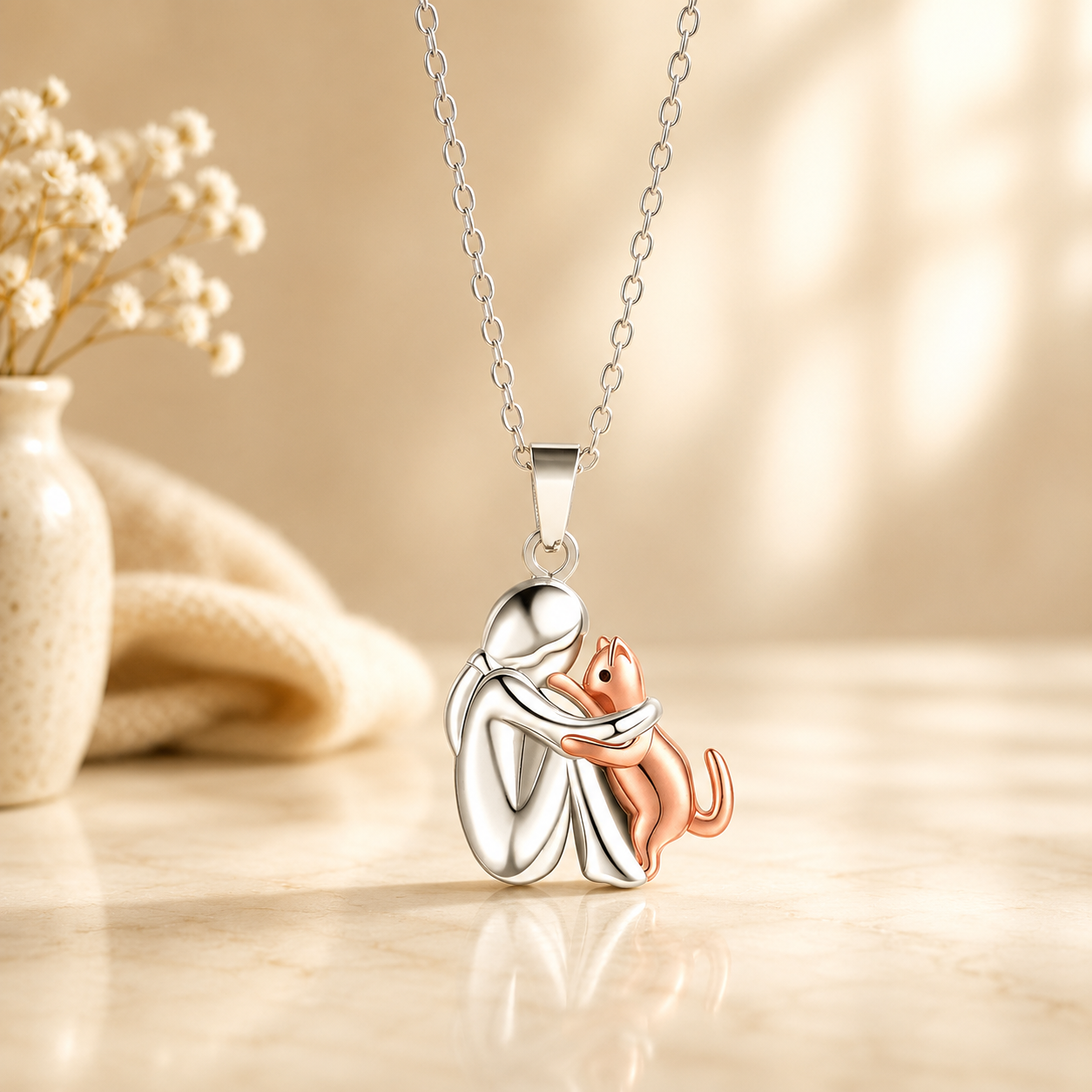 Cat Hug Necklace | White Gold