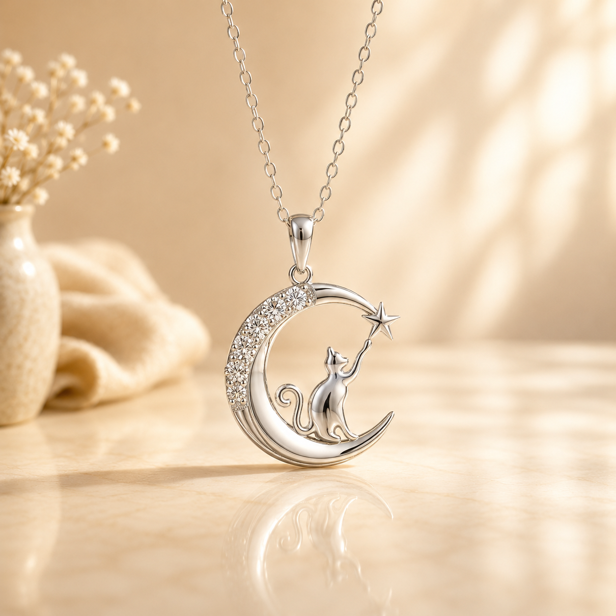 Moon Cat Necklace | Sterling Silver