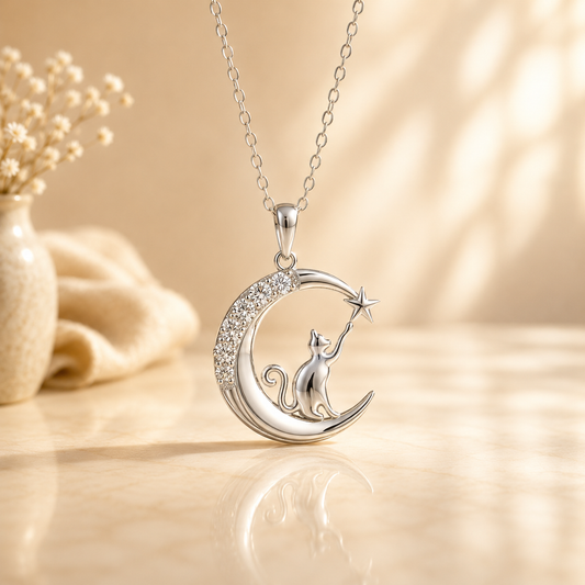 Moon Cat Necklace | Sterling Silver