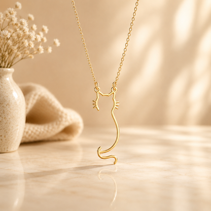 Cat silhouette Necklace | White Gold