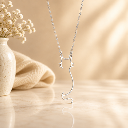 Cat silhouette Necklace | White Gold