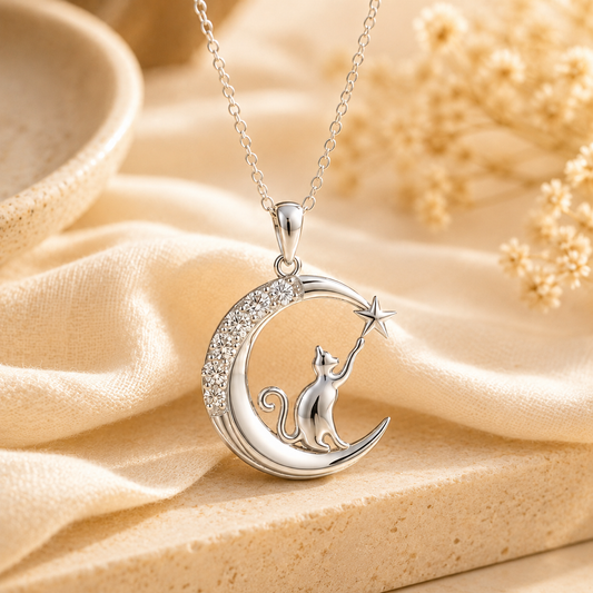 Moon Cat Necklace | Sterling Silver